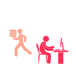 En sitter ved PC, en annen løper med en bunke papirer.